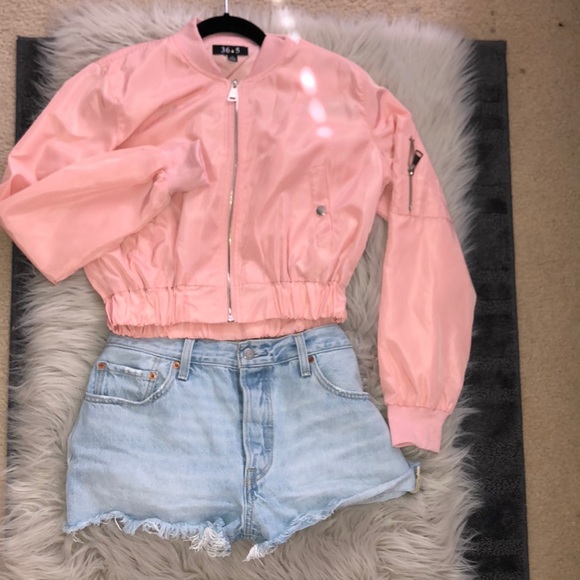 pink cropped bomber jacket